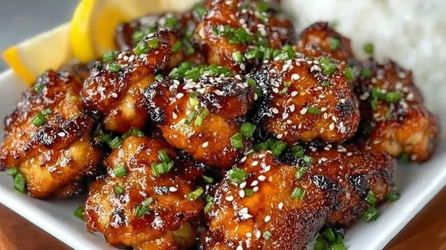 Crockpot Honey Garlic Chicken ready to serve with rice and vegetables.