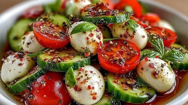 Cucumber Caprese Salad featuring mozzarella, tomatoes, and basil