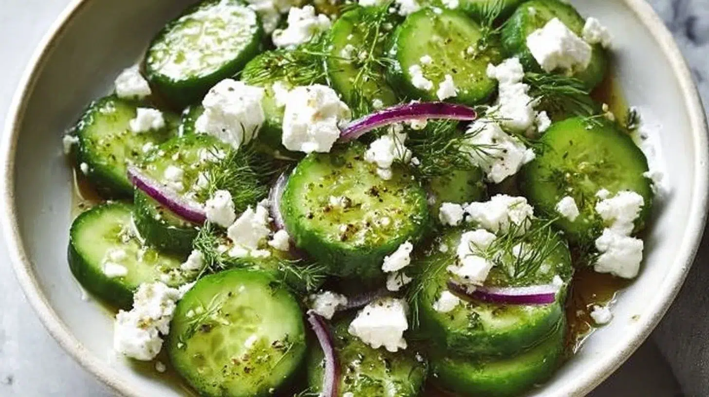 Cucumber Feta Salad topped with lemon Greek vinaigrette in a vibrant bowl