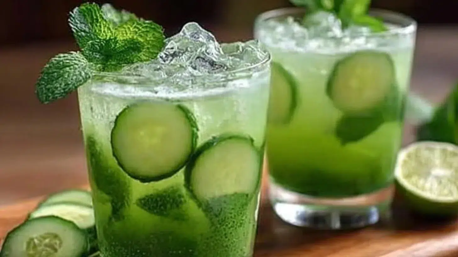Refreshing Cucumber Mint Cooler drink in a glass with mint leaves and cucumber slices