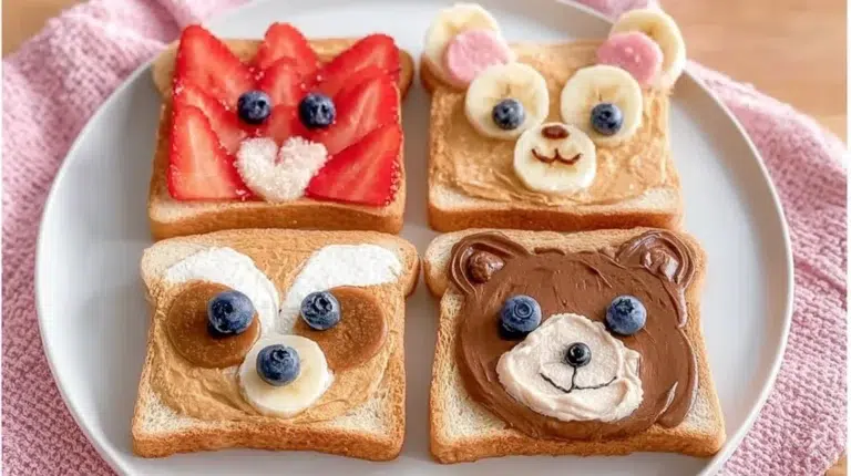 Cute animal face toast with colorful toppings for a playful breakfast