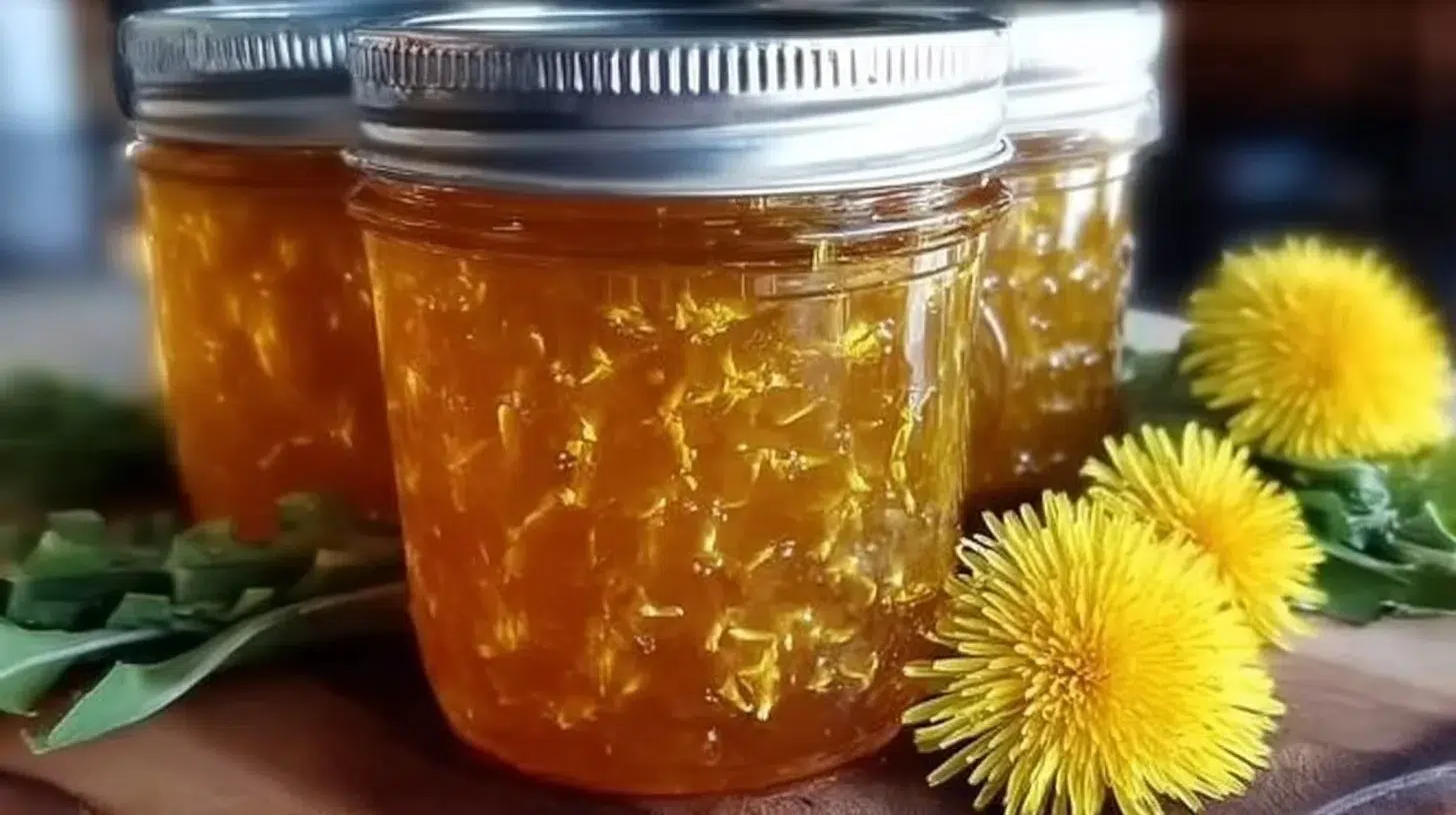 Homemade dandelion jelly served on toast with fresh flowers
