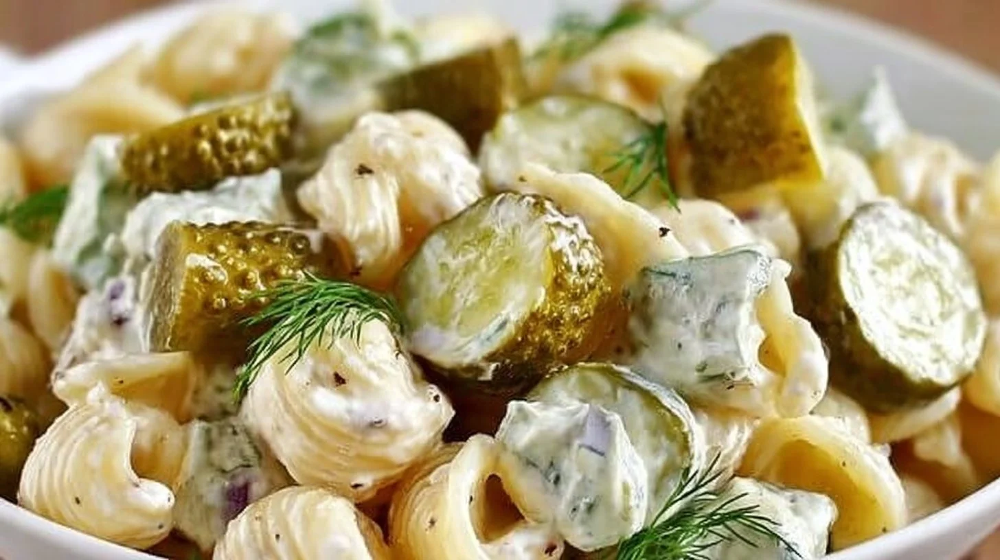 Delicious Dill Pickle Pasta Salad served in a bowl with fresh ingredients