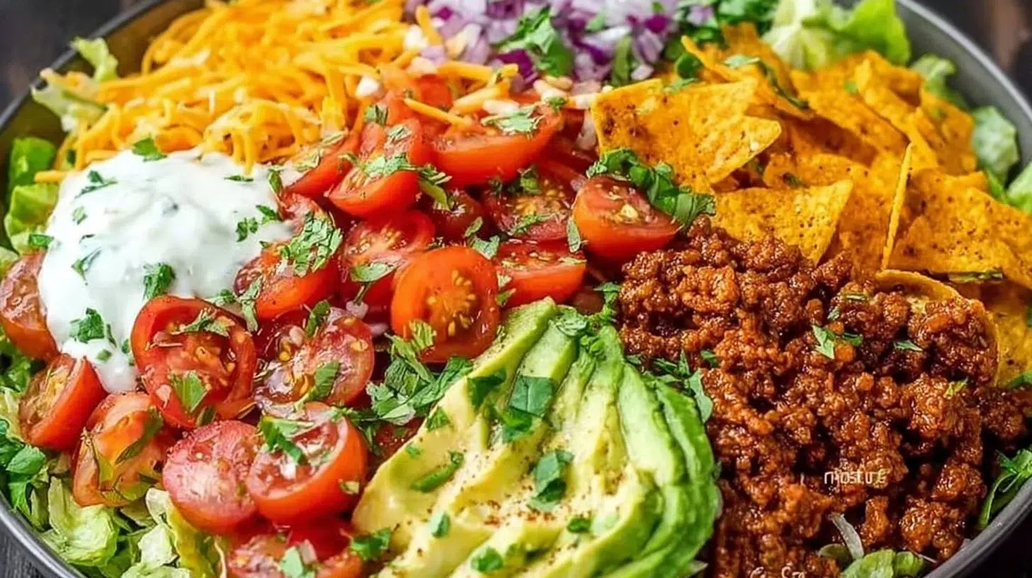 Colorful Dorito Taco Salad with crunchy chips, fresh vegetables, and seasoned meat
