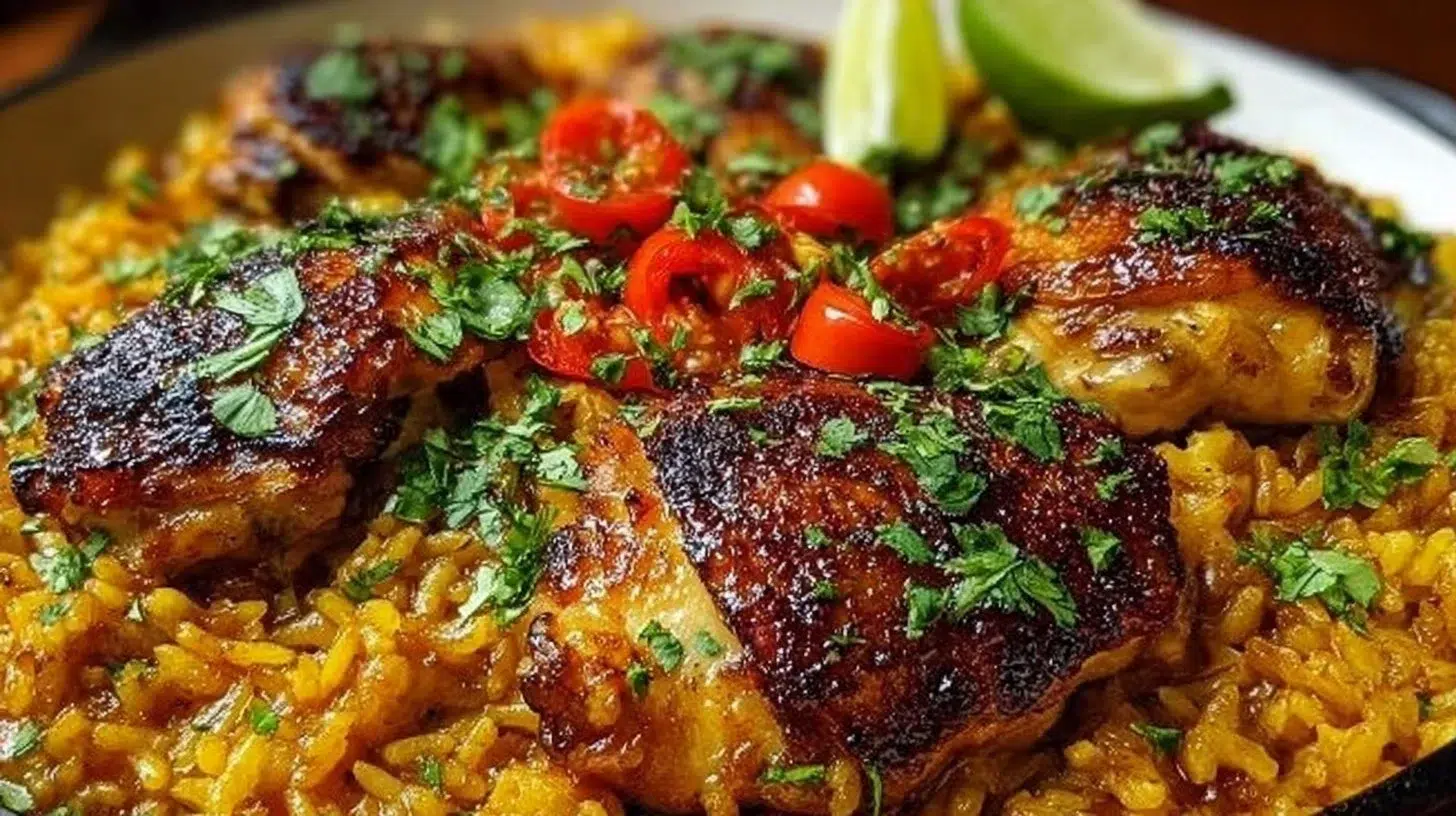 Authentic Spanish Chicken and Rice with saffron and colorful peppers