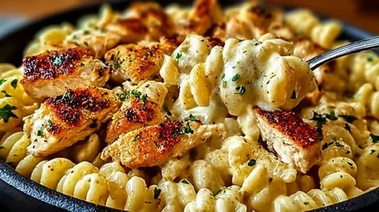 Creamy garlic parmesan chicken pasta served in a bowl