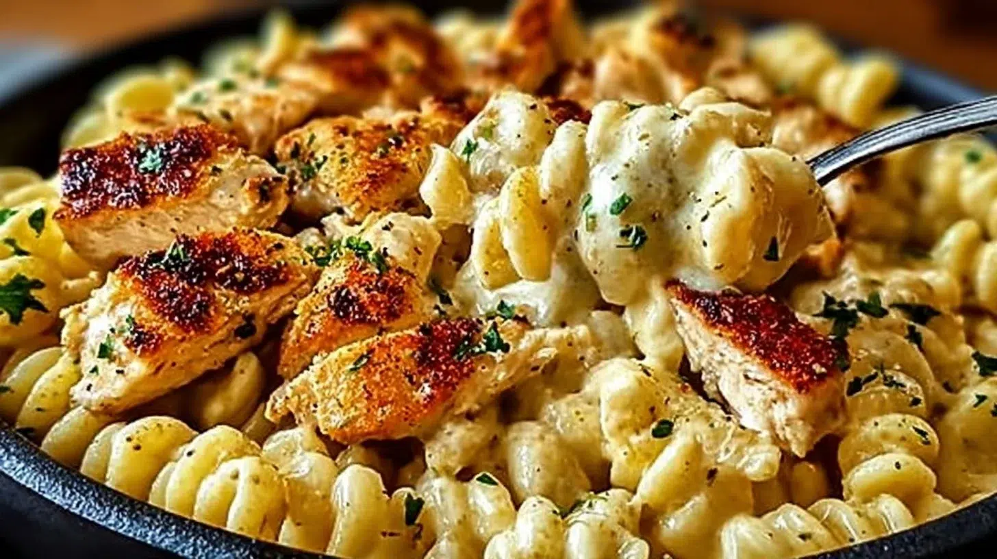 Creamy garlic parmesan chicken pasta served in a bowl