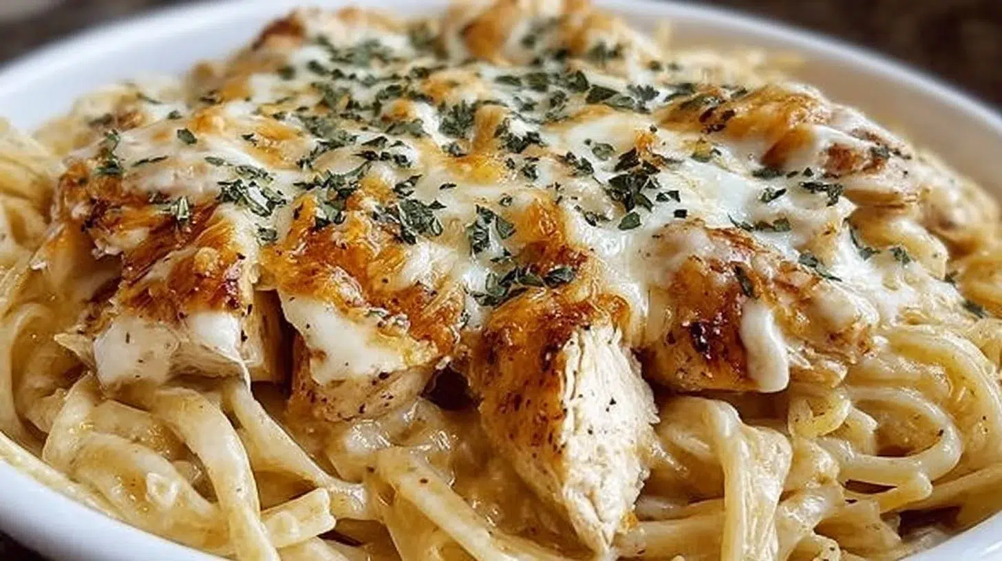Crockpot Garlic Parmesan Chicken Pasta served in a bowl with fresh herbs.