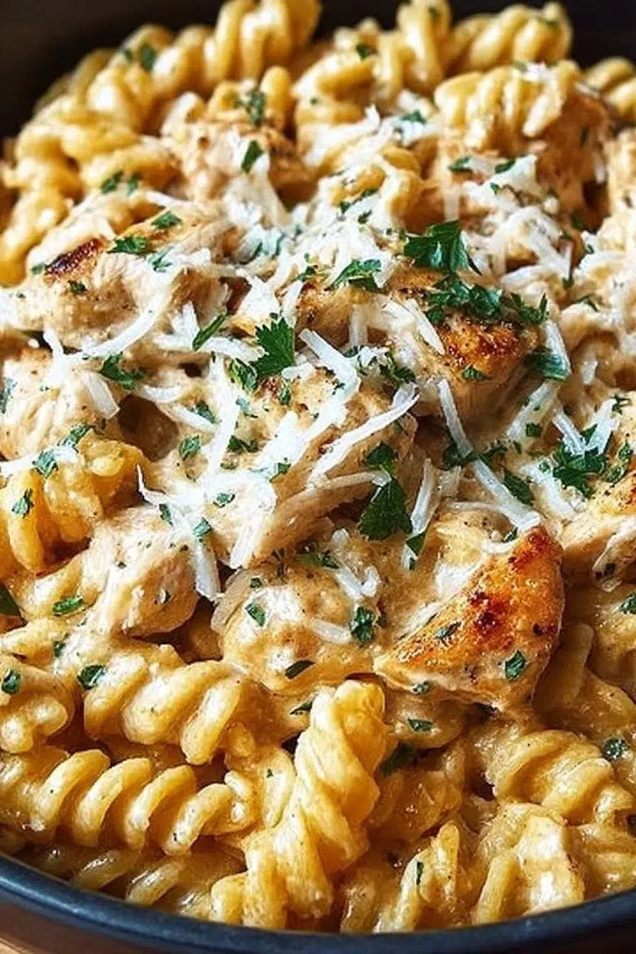Easy Crockpot Garlic Parmesan Chicken Pasta