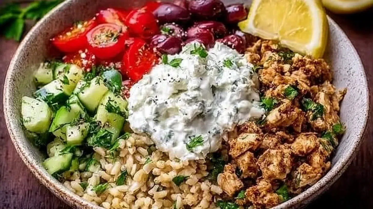Delicious Greek chicken bowls with feta and mixed veggies served in a bowl