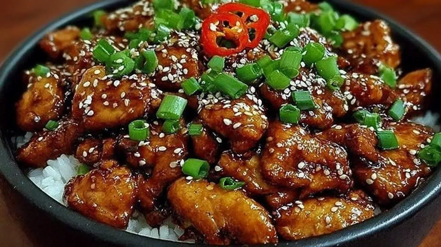 Plate of easy homemade chicken bulgogi served with rice and vegetables