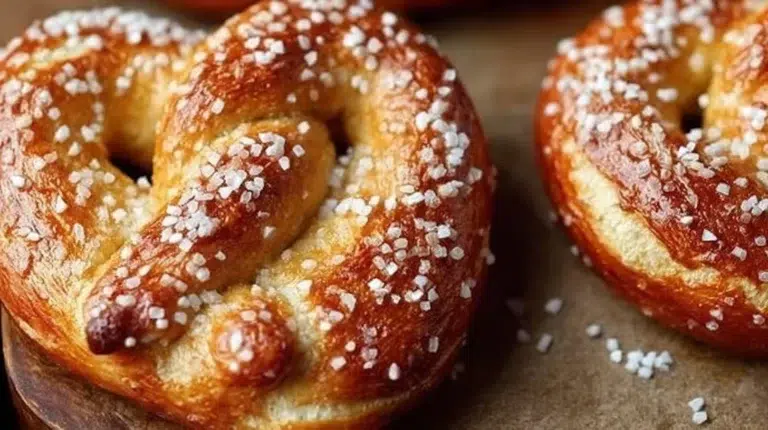 Delicious homemade soft pretzels on a baking sheet ready to be served.