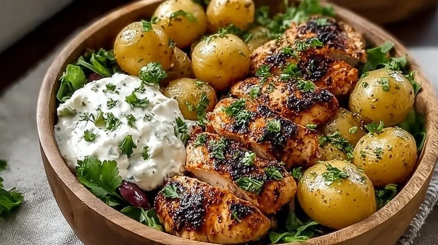 Easy Mediterranean sheet pan chicken and potato bowls ready to serve