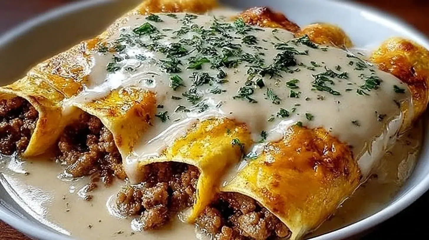 Delicious sausage gravy enchiladas topped with cheese and served on a plate