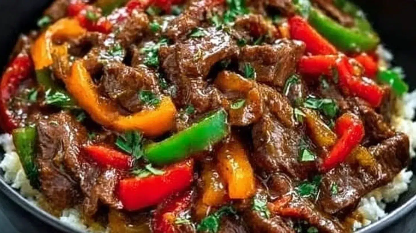 Bowl of slow cooker pepper steak with colorful peppers and tender beef