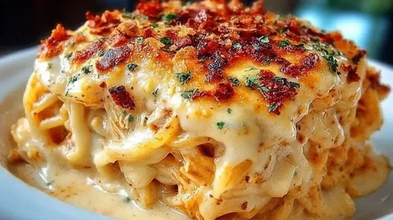Delicious cheesy chicken spaghetti casserole served in a baking dish