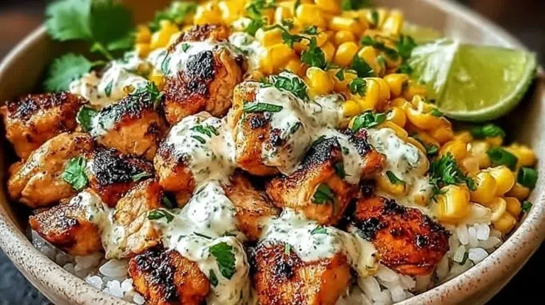 Easy street corn chicken rice bowl topped with fresh ingredients