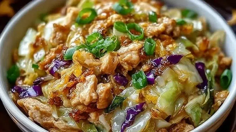 Delicious egg roll bowls with chicken and cabbage served in a bowl