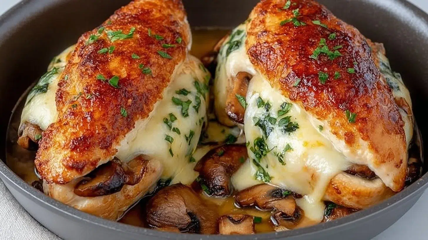 Delicious mushroom stuffed chicken breast garnished with herbs