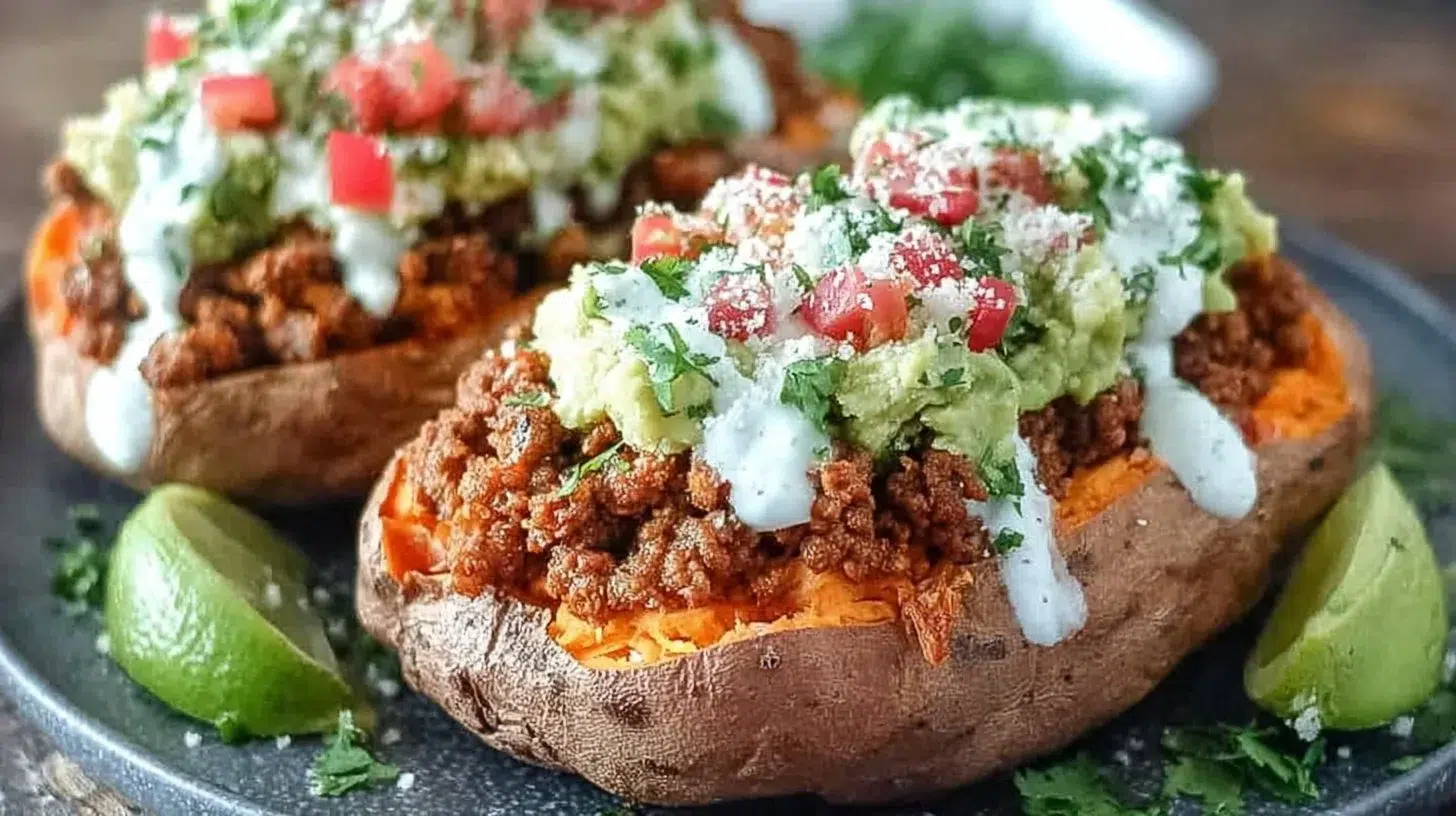 Taco-stuffed sweet potatoes filled with cheesy filling and spices