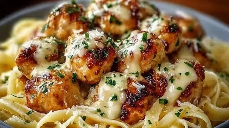 Delicious garlic butter chicken bites served with creamy parmesan pasta.