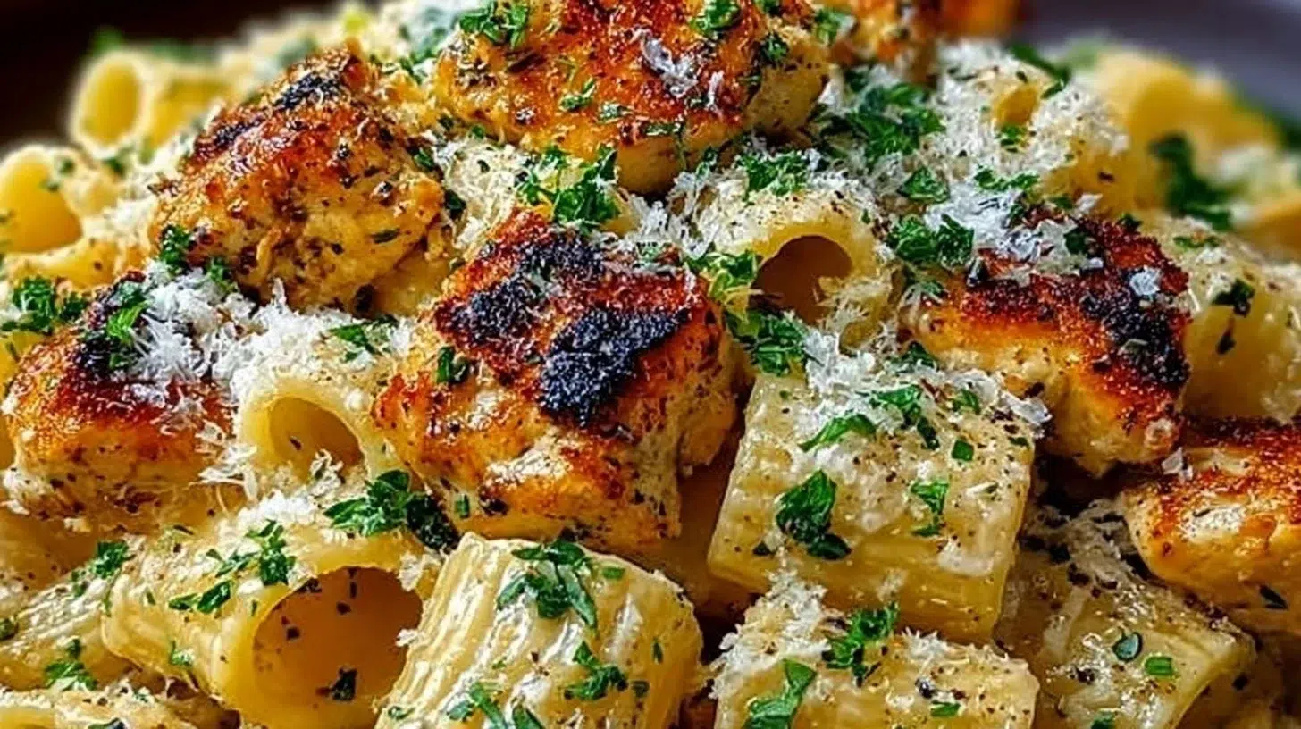 Garlic Butter Chicken served with Rigatoni and Parmesan on a plate