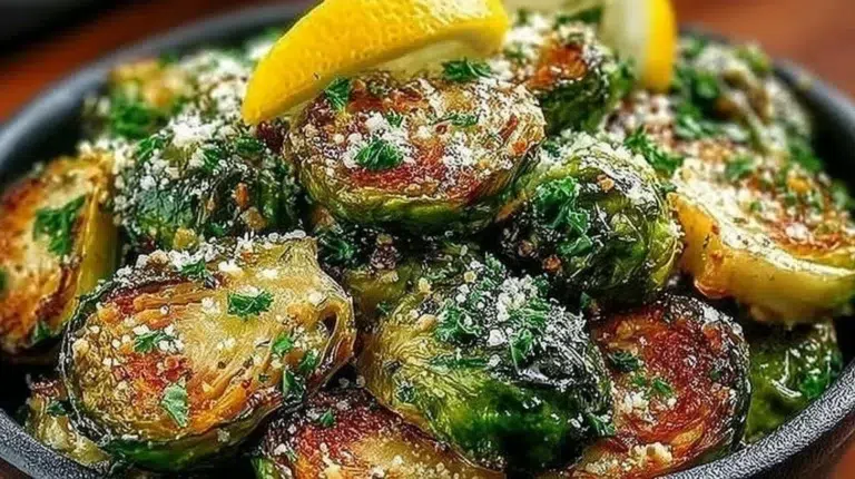 Plate of crispy Garlic Butter Roasted Brussels Sprouts seasoned to perfection