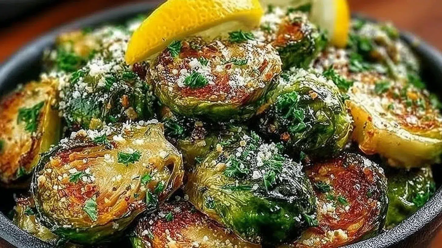 Plate of crispy Garlic Butter Roasted Brussels Sprouts seasoned to perfection