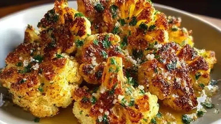 A plate of garlic butter roasted cauliflower, golden and flavorful, ready to serve.