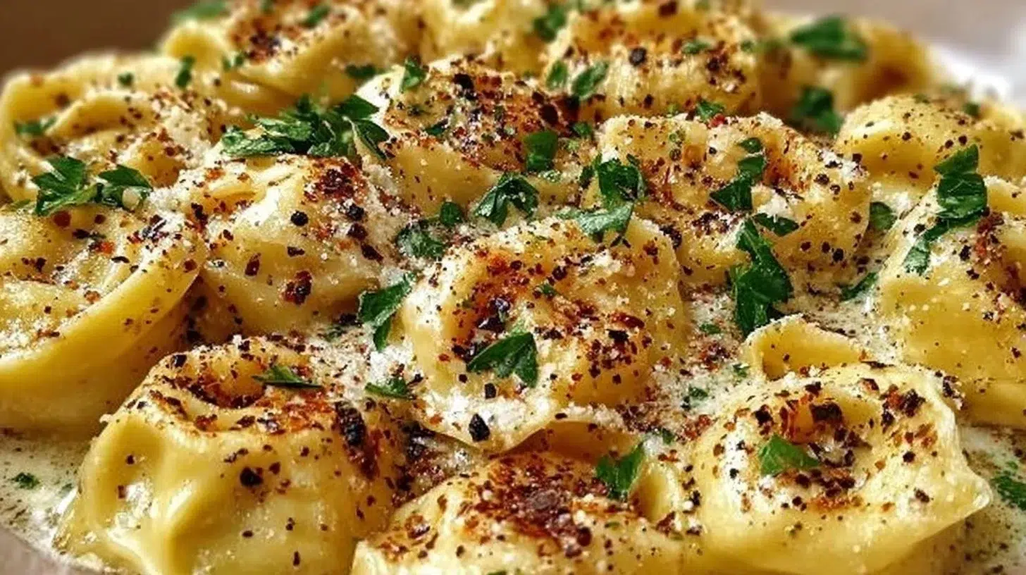 Delicious Garlic Butter Tortellini served in rich Parmesan cream sauce