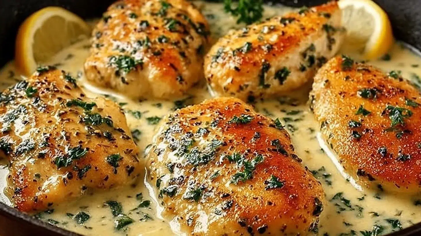 Delicious Garlic Parmesan Chicken garnished with herbs and served on a plate