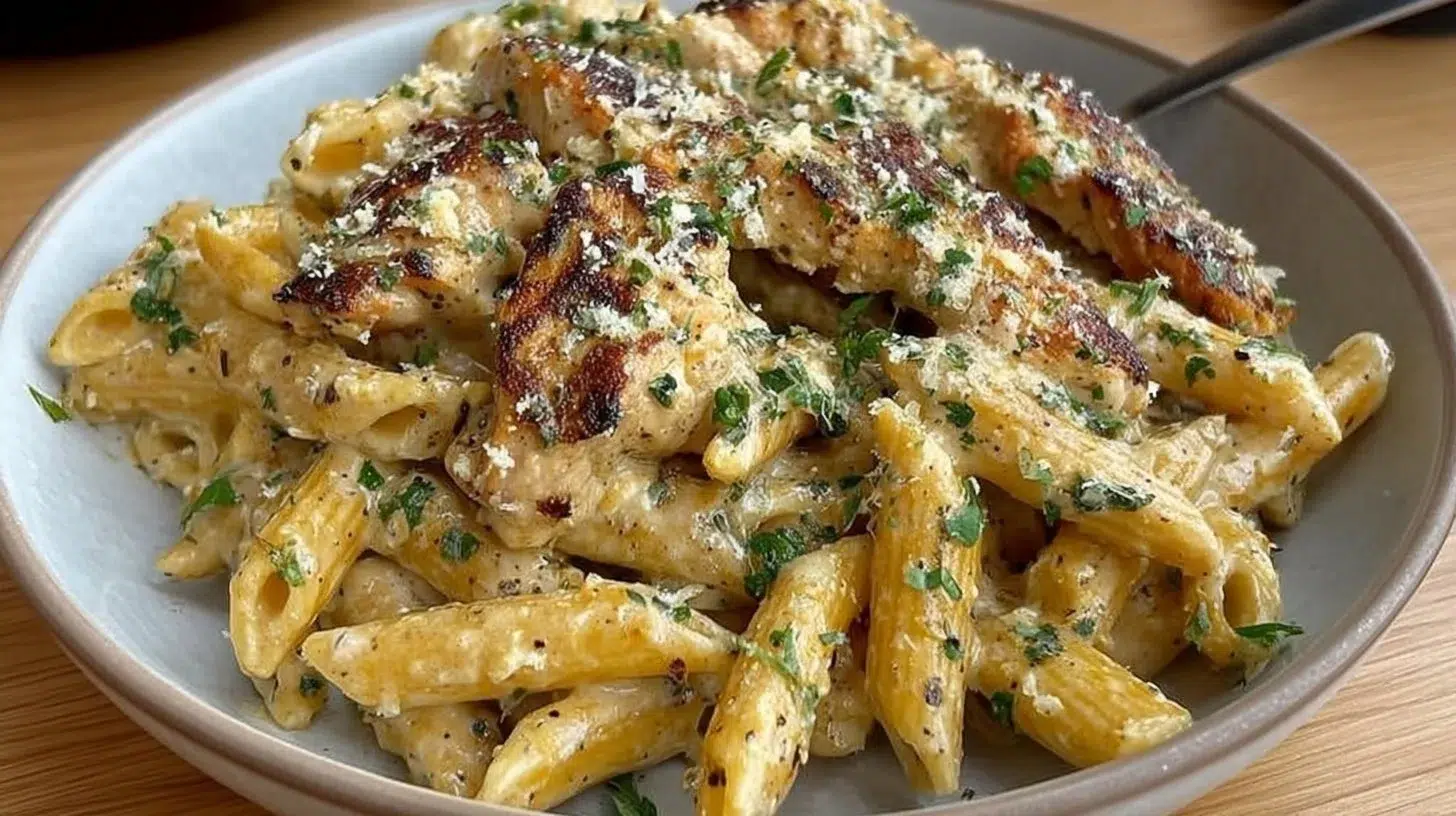 A delicious plate of Garlic Parmesan Chicken served with pasta and garnished with herbs.