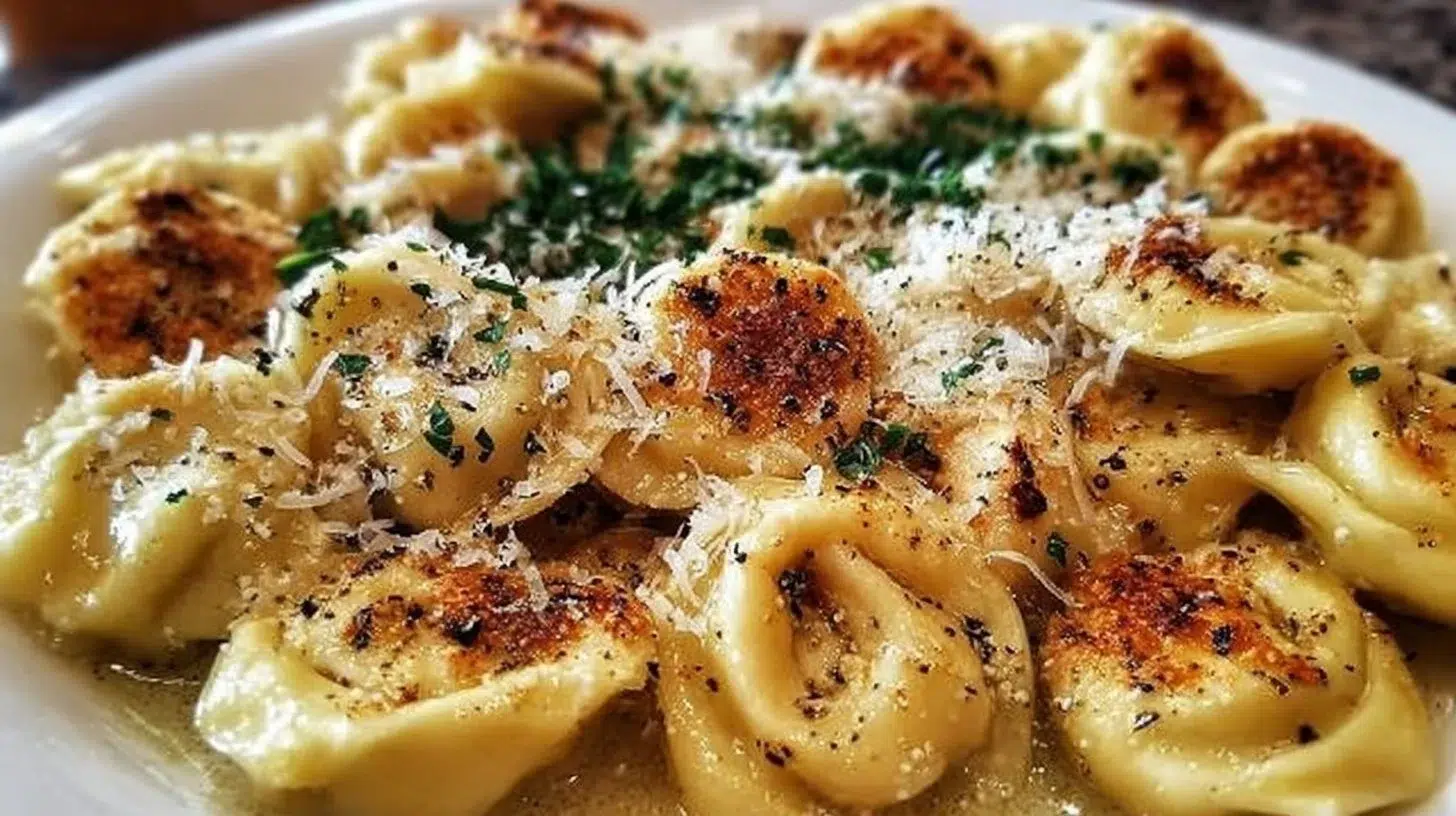 Delicious Garlic Parmesan Chicken Tortellini dish served with herbs.