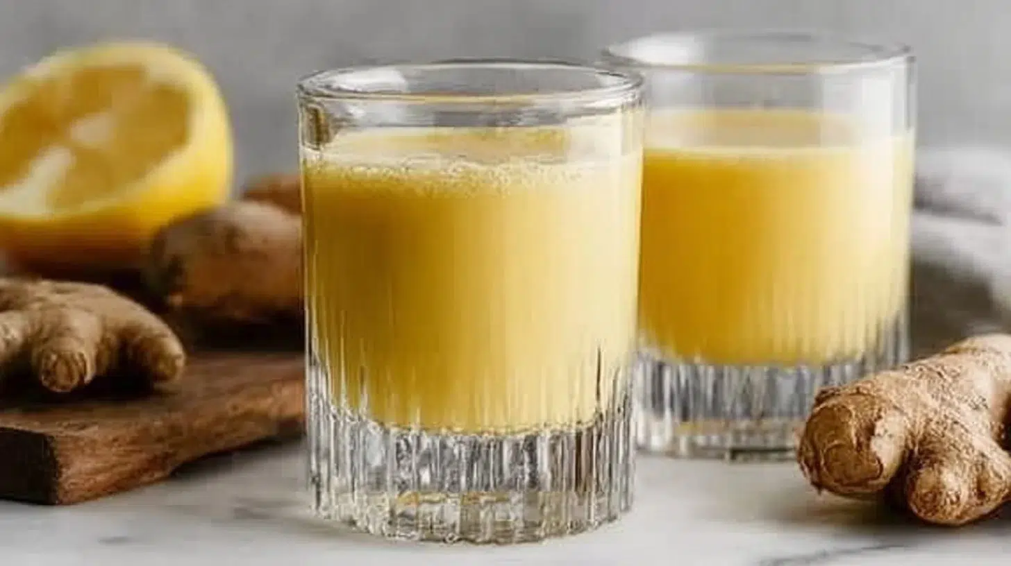 Fresh ginger shots in a glass, promoting health and wellness benefits