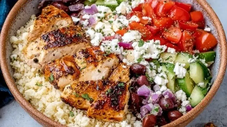 Greek Chicken Bowl with fresh veggies and flavorful sauce