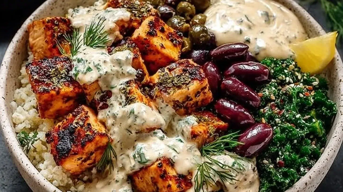 Delicious Greek Chicken Bowl with fresh vegetables and Mediterranean spices