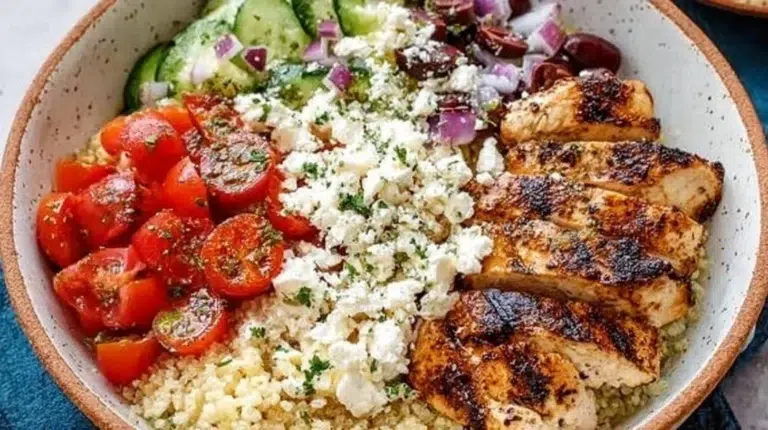 Delicious Greek Chicken Bowl topped with fresh veggies and feta cheese