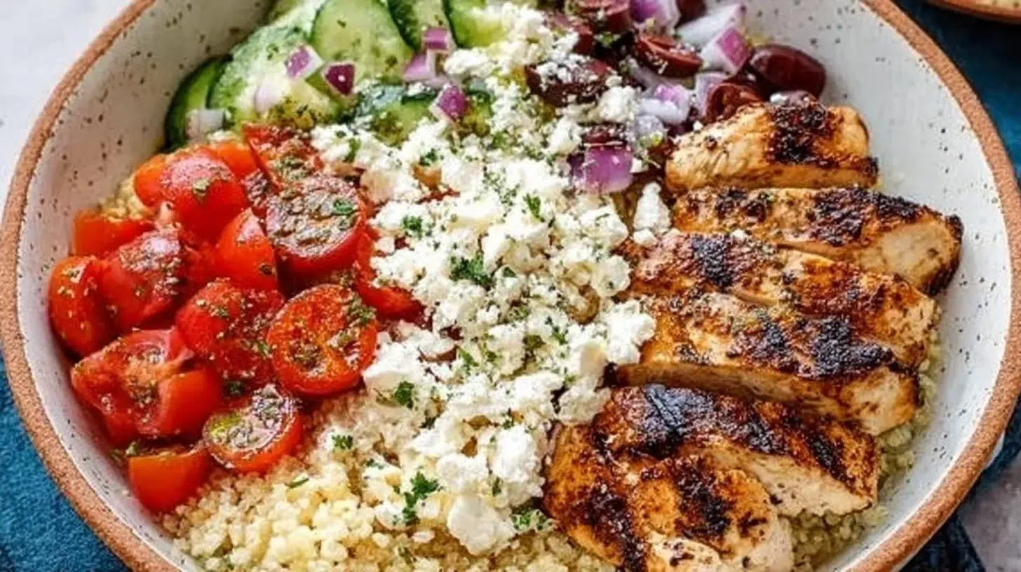 Delicious Greek Chicken Bowl topped with fresh veggies and feta cheese