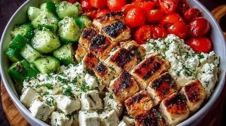 Bowl of Greek chicken with vegetables and tzatziki sauce.