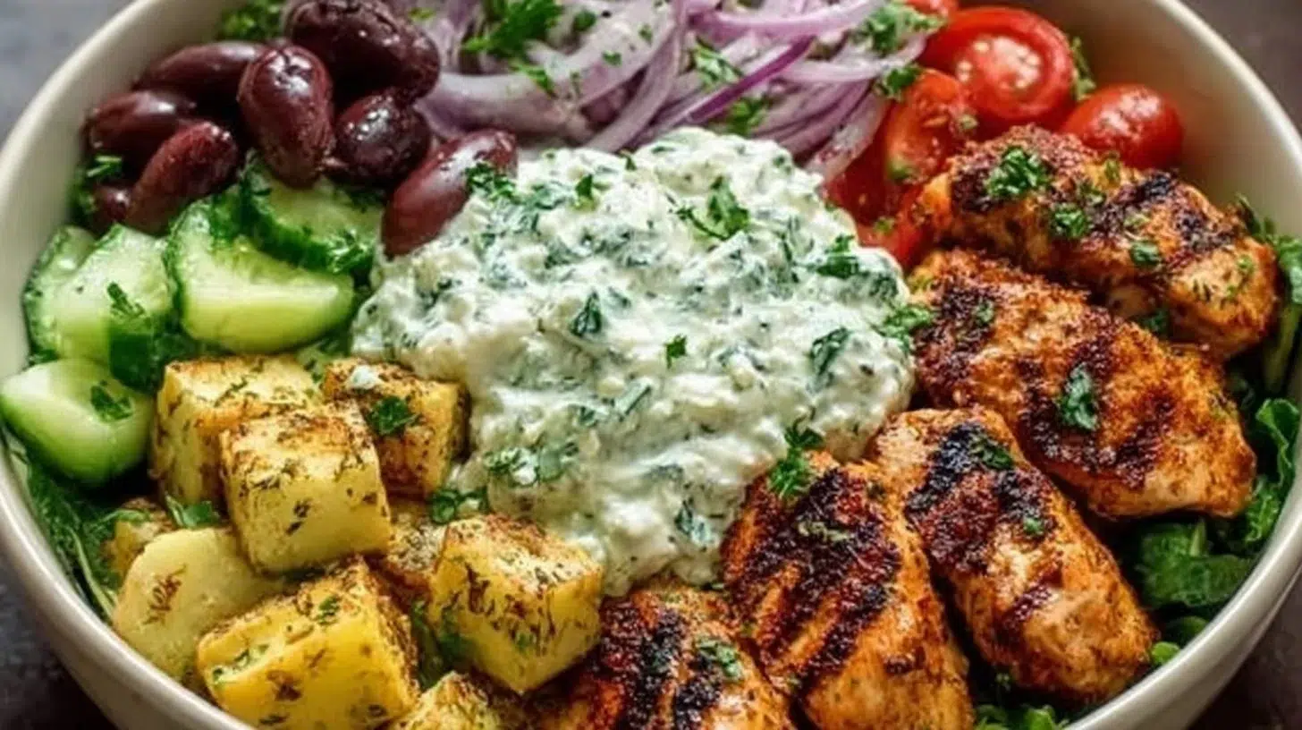 Healthy Greek Chicken Power Bowl with fresh vegetables and grains