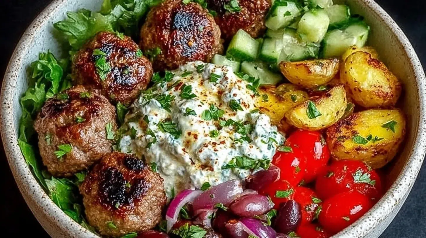 Greek meatball bowl with juicy meatballs and lemon-yogurt sauce