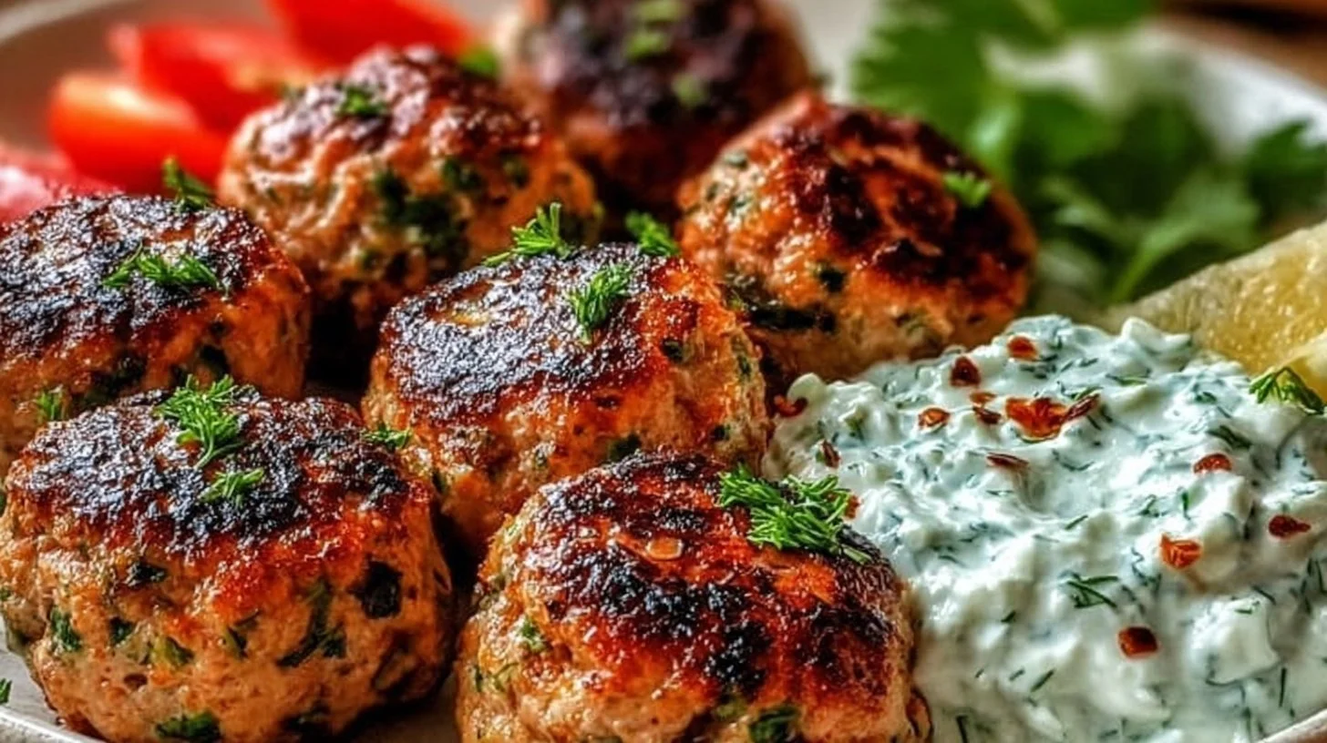Plate of Greek turkey meatballs with tzatziki sauce and fresh herbs