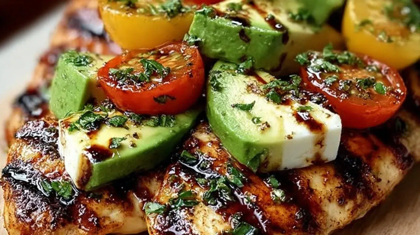 Grilled avocado chicken served on a plate with fresh herbs and vegetables.