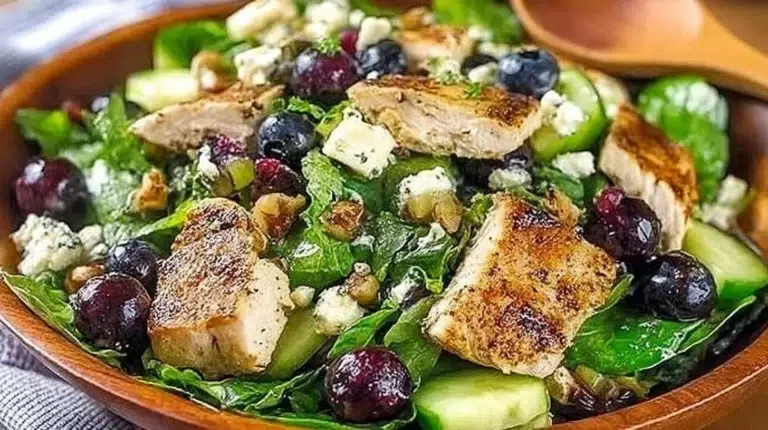 Grilled chicken served with blueberry feta salad and walnuts on a plate.