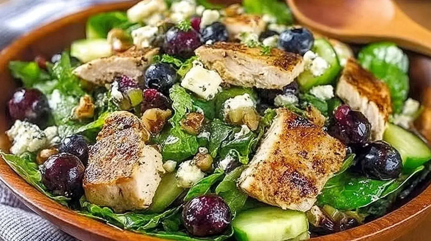 Grilled chicken served with blueberry feta salad and walnuts on a plate.