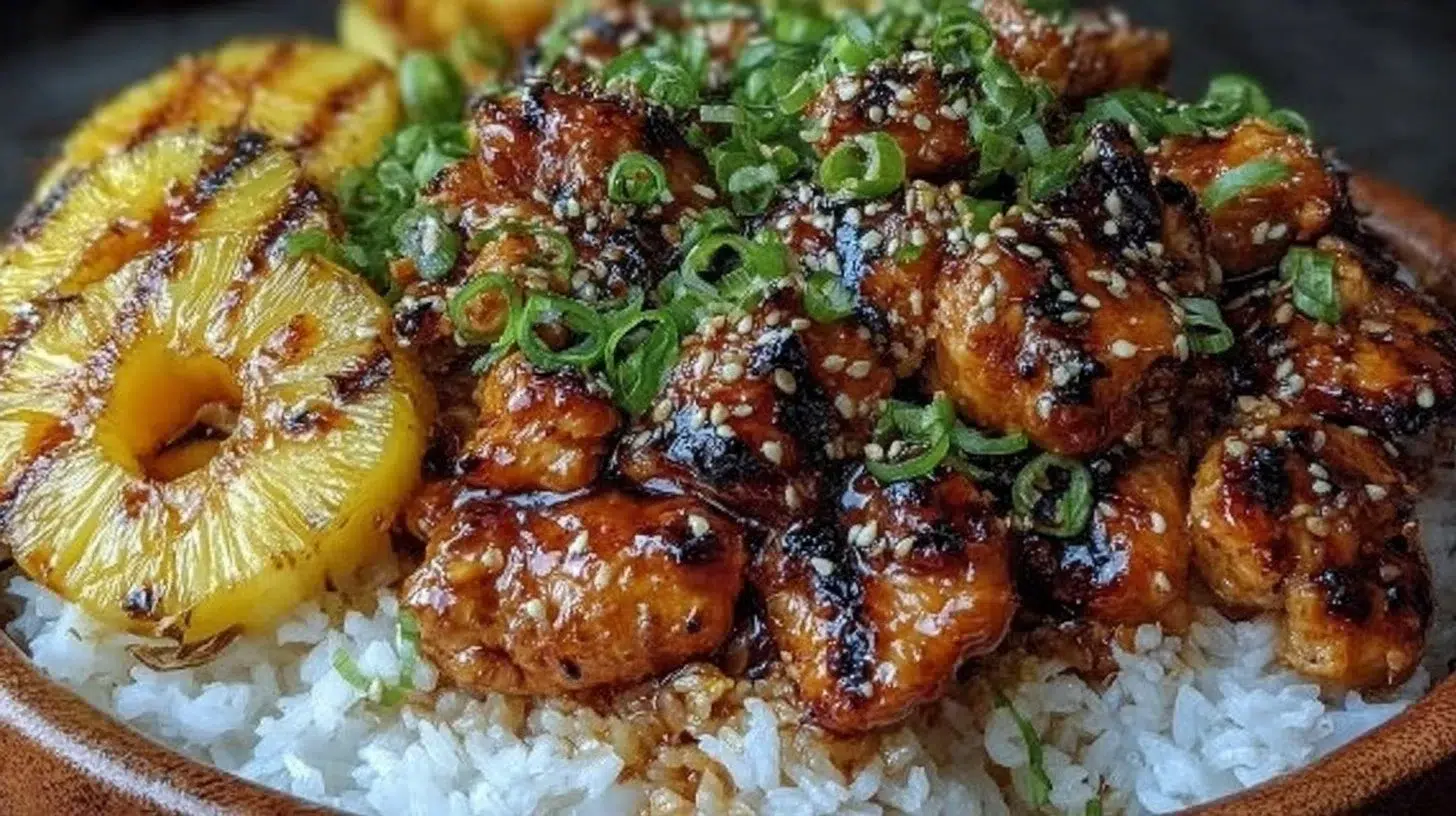 Grilled pineapple teriyaki chicken bowl with fresh vegetables and rice