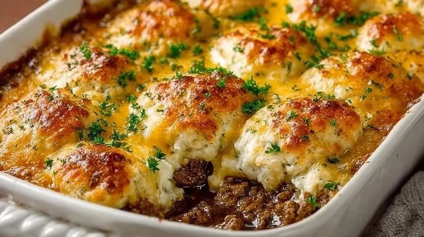 Ground beef and biscuit bake served in a baking dish with melted cheese on top.