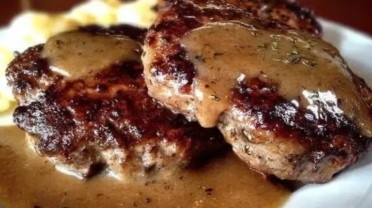 Delicious hamburger steaks topped with savory brown gravy