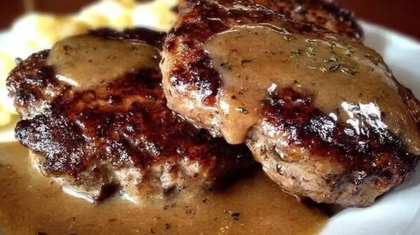 Delicious hamburger steaks topped with savory brown gravy