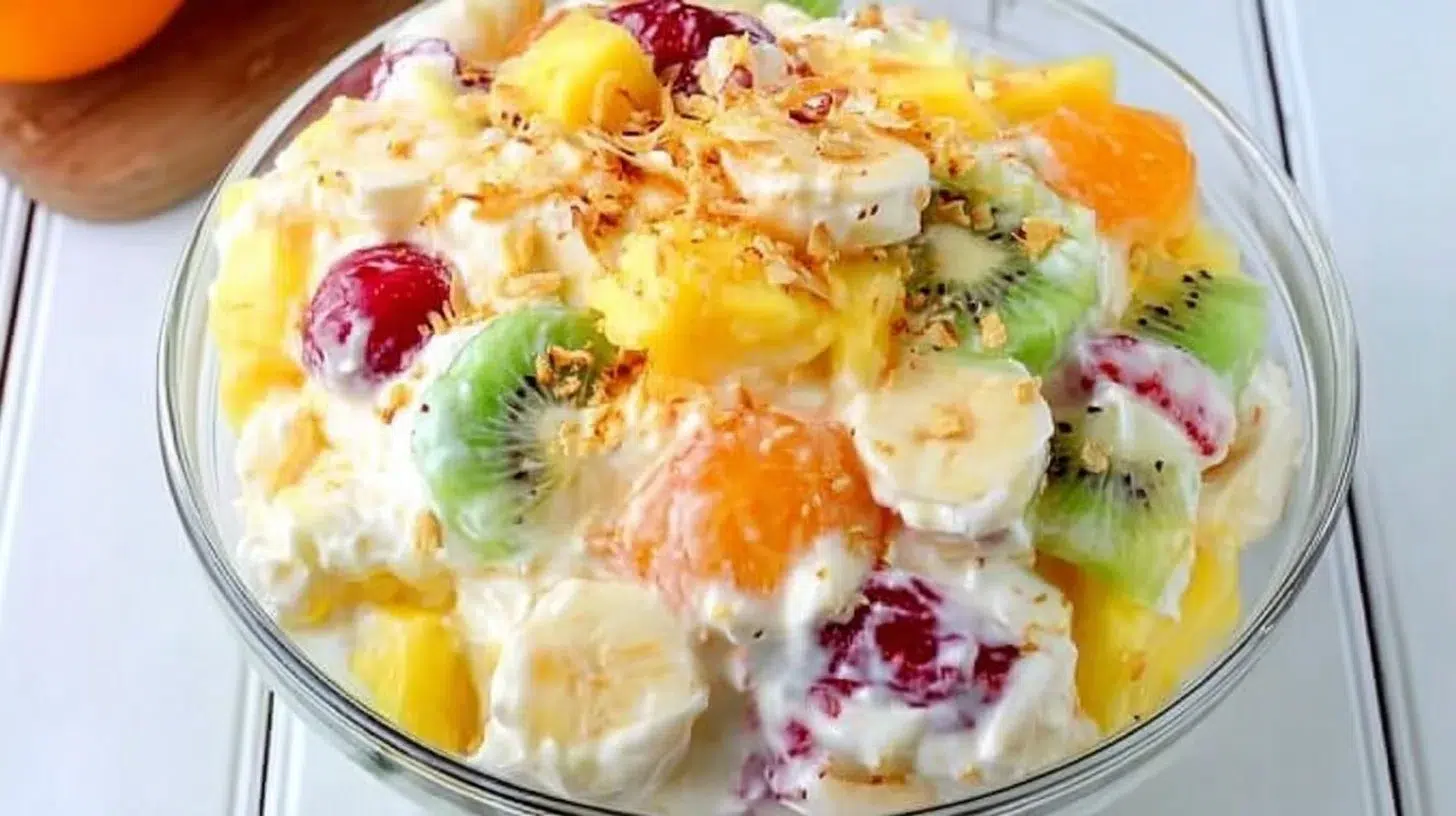 Hawaiian Cheesecake Salad with tropical fruits and creamy cheesecake layers.